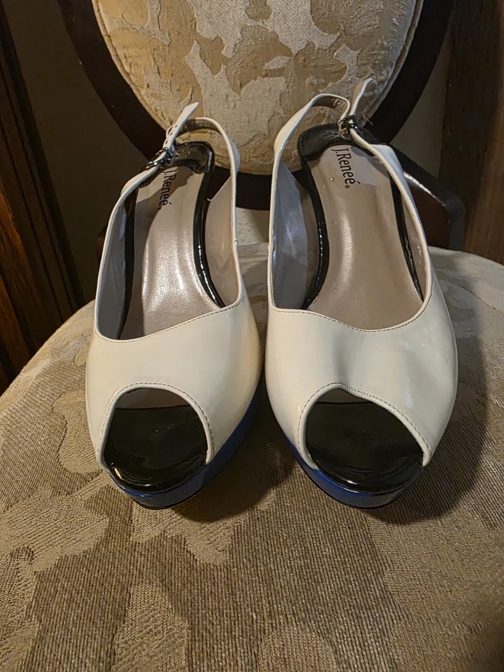 J.Renee White Peep-Toe Slingback Heels with Blue Platform